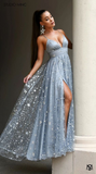 Chic Spaghetti Straps Glitter Evening Prom Gowns Dusty Blue Elegant Evening Dress SEW0165