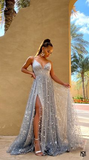 Chic Spaghetti Straps Glitter Evening Prom Gowns Dusty Blue Elegant Evening Dress SEW0165