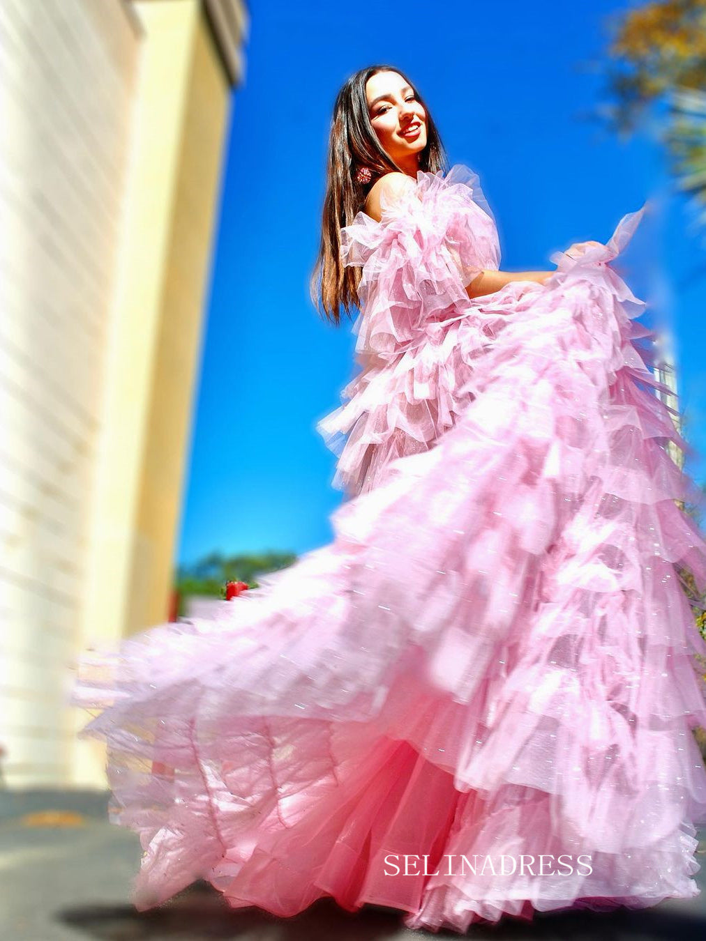 A-line Off-the-shoulder Ruched Pink Princess Dress Long Evening Dress SELINADRESS A-line Off-the-shoulder Ruched Pink Princess Dress Long Evening Dress SELINADRESS