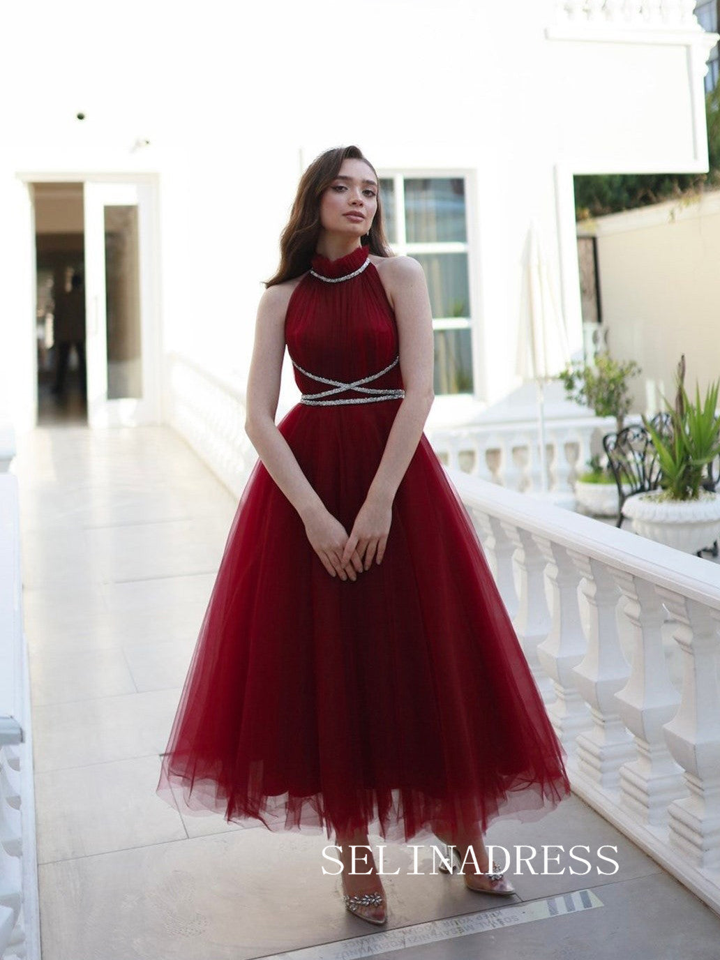 burgundy high neck dress Burgundy High Neck Tulle Prom Dresses Ankle-length Cheap Formal Dresse – SELINADRESS