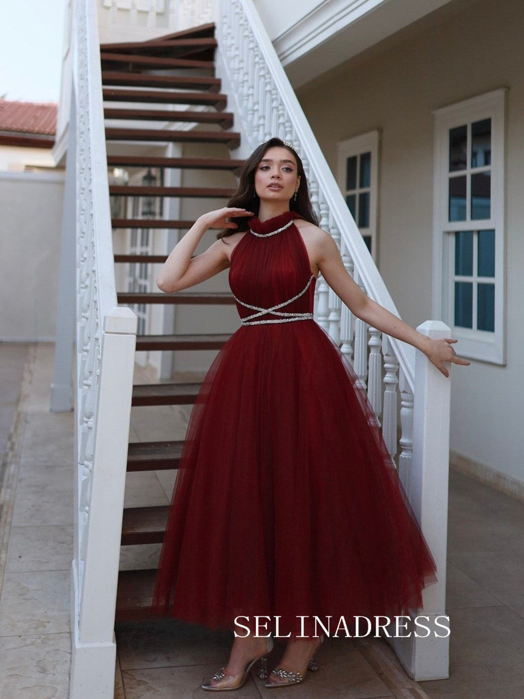 Burgundy High Neck Tulle Prom Dresses Ankle-length Cheap Formal Dresse SELINADRESS Burgundy High Neck Tulle Prom Dresses Ankle-length Cheap Formal Dresse SELINADRESS