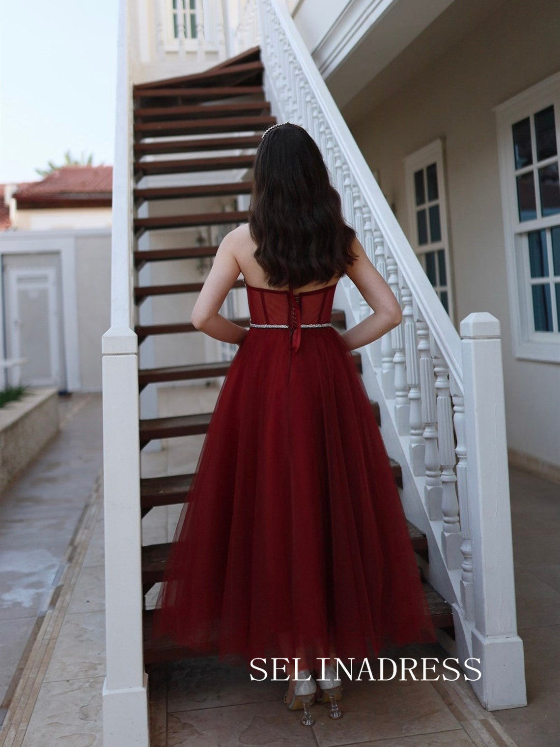 Burgundy High Neck Tulle Prom Dresses Ankle-length Cheap Formal Dresse SELINADRESS Burgundy High Neck Tulle Prom Dresses Ankle-length Cheap Formal Dresse SELINADRESS