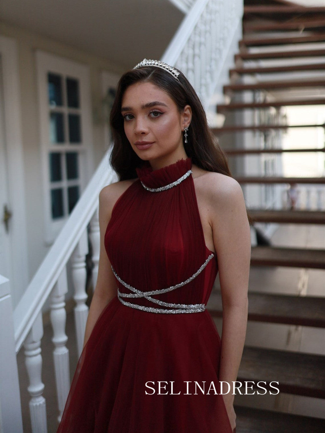 Burgundy High Neck Tulle Prom Dresses Ankle-length Cheap Formal Dresse SELINADRESS Burgundy High Neck Tulle Prom Dresses Ankle-length Cheap Formal Dresse SELINADRESS