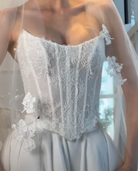 A-line Strapless Lace Wedding Dresses Rustic Satin Bridal Gowns CBA032|Selinadress
