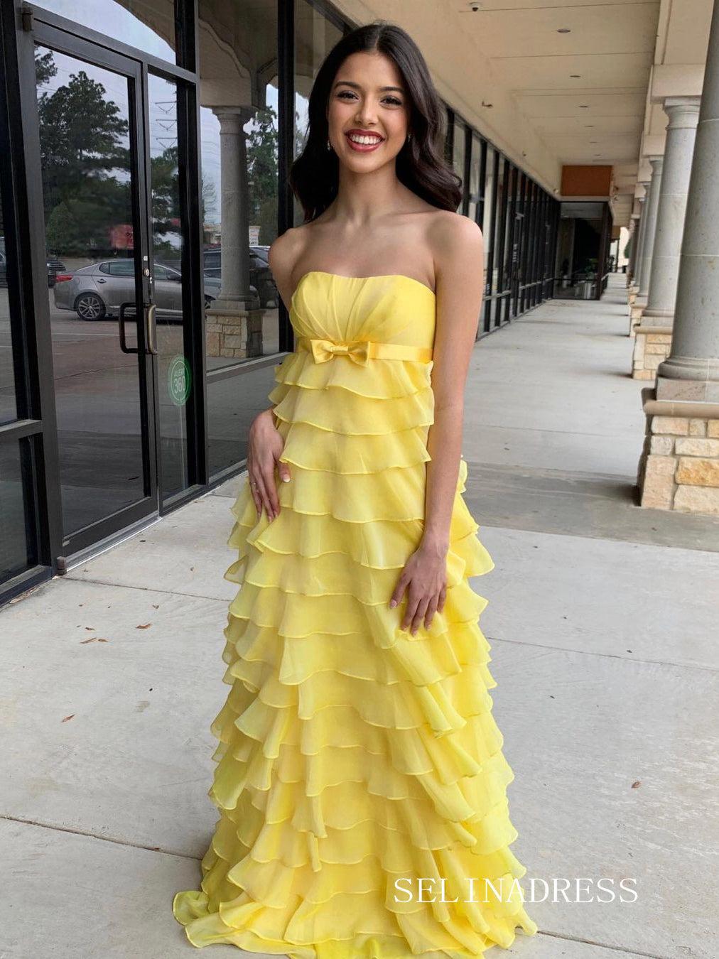 Sheath/Column Chiffon Yellow Tiered Long Prom Dresses Cheap Evening Dr SELINADRESS Sheath/Column Chiffon Yellow Tiered Long Prom Dresses Cheap Evening Dr SELINADRESS
