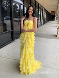 Sheath/Column Chiffon Yellow Tiered Long Prom Dresses Cheap Evening Dress sew1007|Selinadress