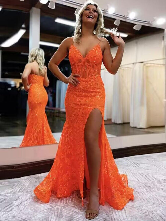 Shiny Orange Mermaid Long Prom Dresses V-neck Lace With Slit Party Dress #LPK280|Selinadress