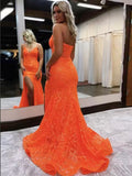Shiny Orange Mermaid Long Prom Dresses V-neck Lace With Slit Party Dress #LPK280|Selinadress