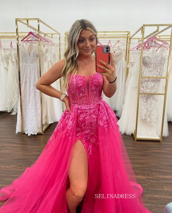 Spaghetti Straps Hot Pink Lace Long Prom Dresses With Slit #sew0700|Selinadress