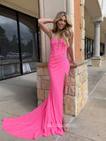 Spaghetti Straps Hot Pink Mermaid Long Prom Dresses With Slit sew1011|Selinadress