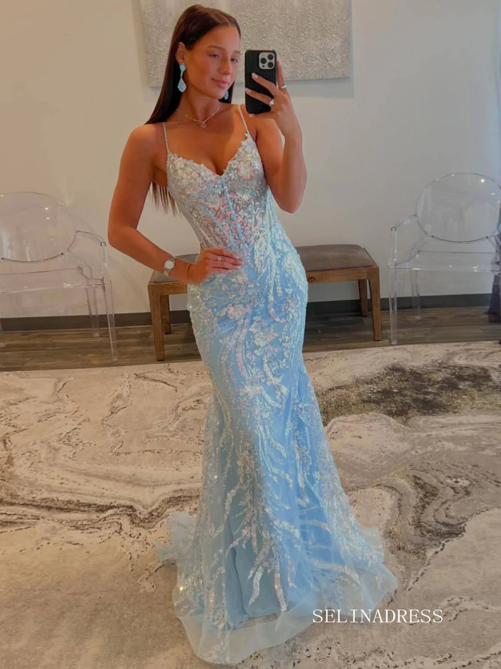 Spaghetti Straps Light Blue V-Neck Sequin Appliques Mermaid Prom Dress SELINADRESS Spaghetti Straps Light Blue V-Neck Sequin Appliques Mermaid Prom Dress SELINADRESS