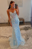 Spaghetti Straps Light Blue V-Neck Sequin Appliques Mermaid Prom Dress lpk572|Selinadress