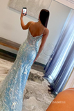 Spaghetti Straps Light Blue V-Neck Sequin Appliques Mermaid Prom Dress lpk572|Selinadress