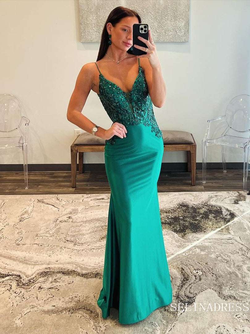 Spaghetti Straps Mermaid Green Long Prom Dresses Beaded Evening Dress SELINADRESS Spaghetti Straps Mermaid Green Long Prom Dresses Beaded Evening Dress SELINADRESS