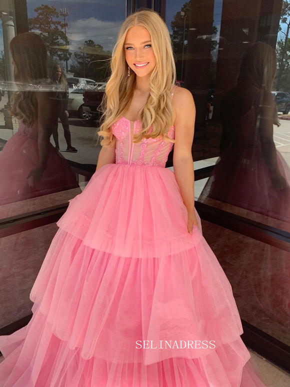 Spaghetti Straps Pink Layered Long Prom Dresses Cheap Evening Dress sew1014 |Selinadress
