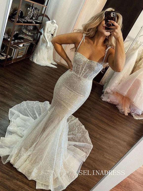 Mermaid Spaghetti Straps Rustic Wedding Dress Sparkly Bridal Dresses #KOP088|Selinadress
