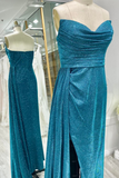 Sparkly Ink Blue Strapless Pleated Long Prom Dress with Slit SEW1119|Selinadress