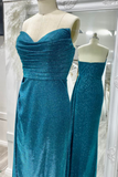 Sparkly Ink Blue Strapless Pleated Long Prom Dress with Slit SEW1119|Selinadress