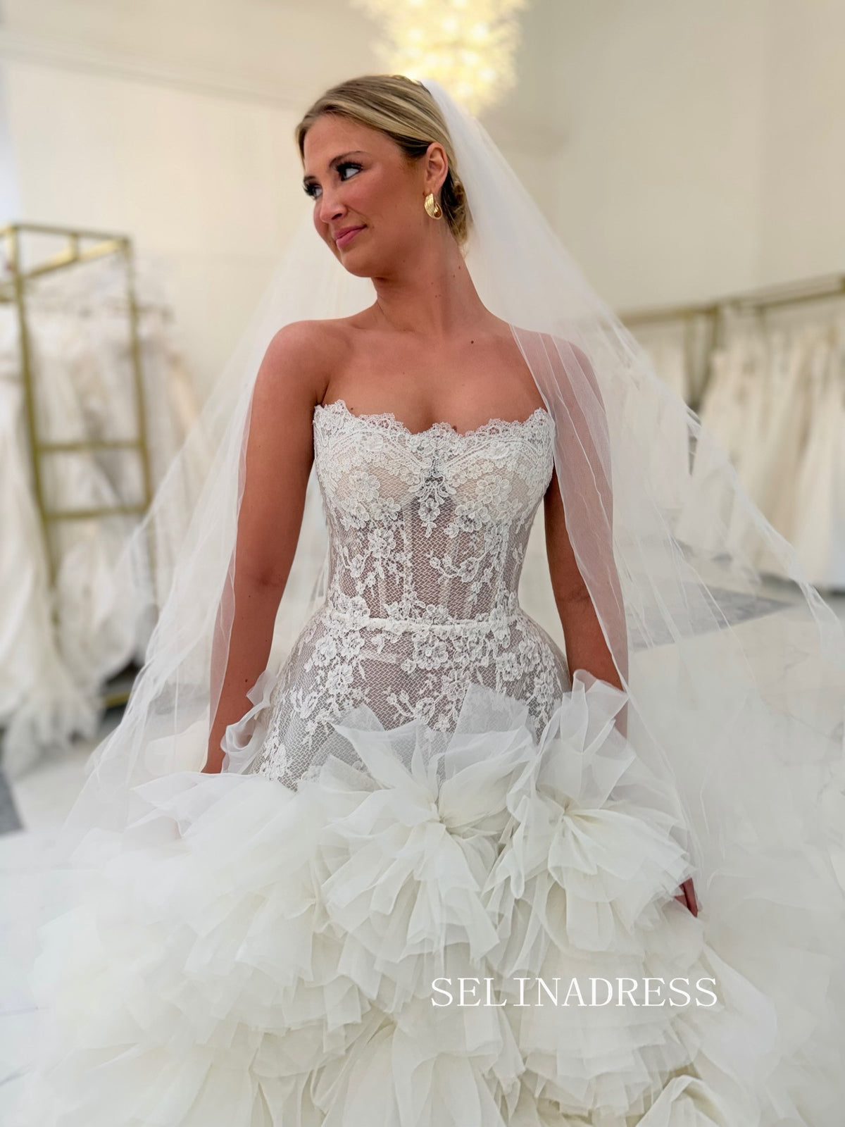 Strapless Ball Gown Lace Wedding Dresses Rustic Bridal Gowns CBA003|Selinadress