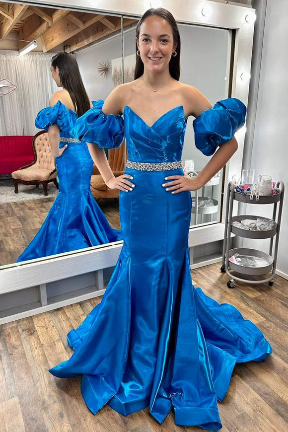 Strapless Blue Balloon Sleeves Mermaid Prom Dress with Jeweled Belt SEW1118|Selinadress