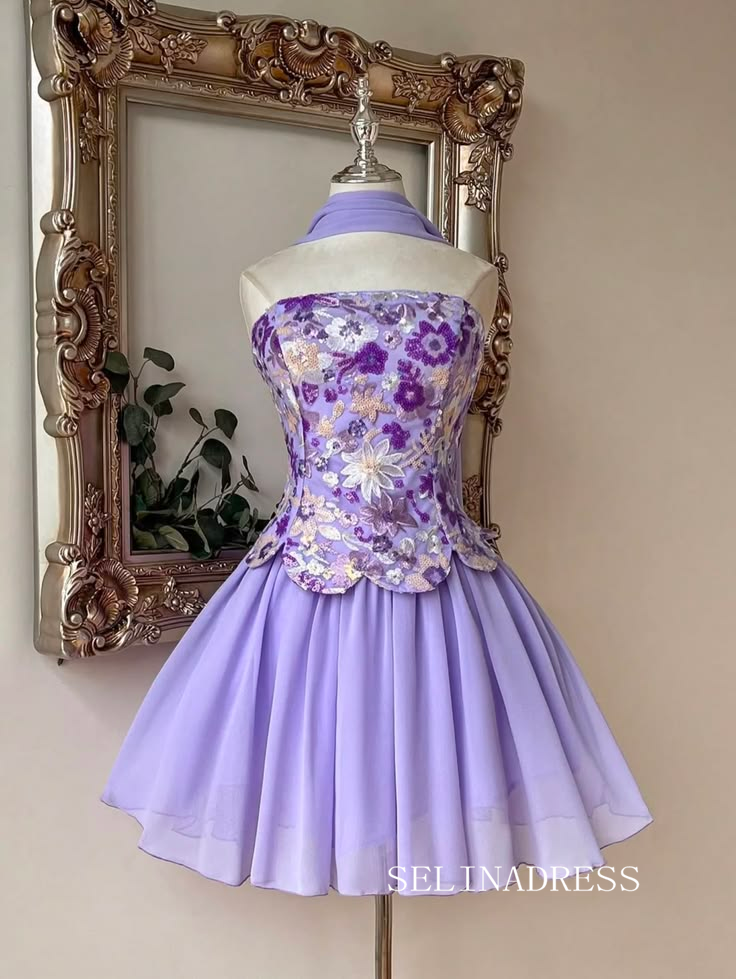 Strapless Lilac Short Prom Dress Embroidery Homecoming Dress cok081|Selinadress