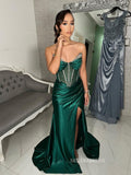 Strapless Mermaid Green Long Prom Dresses With Slit Beaded Evening Dress sew0706 |Selinadress