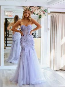 Strapless Mermaid Lace Lavender Tulle Long Prom Dresses LPK222|Selinadress