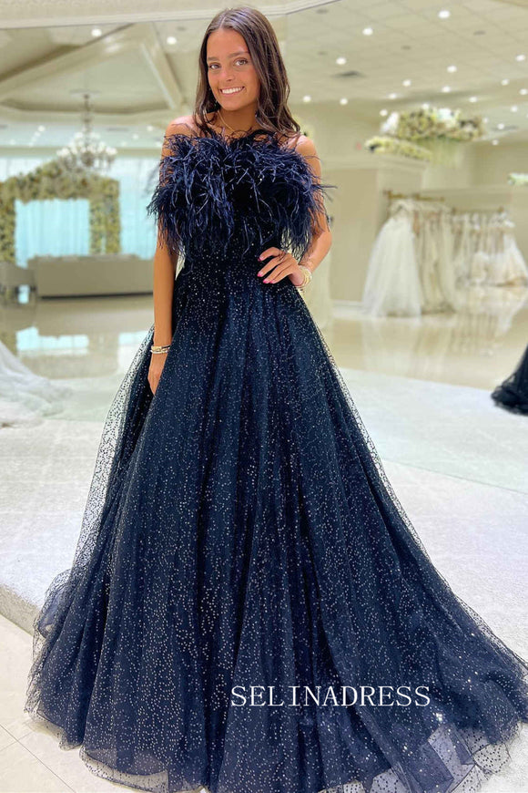 Strapless Navy Blue Feathers A-Line Prom Gown SEW0622|Selinadress