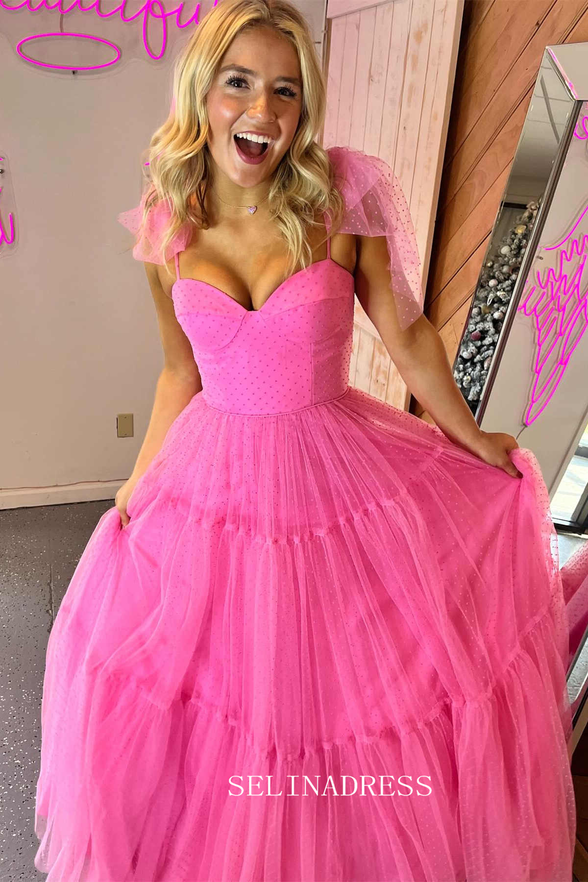 Straps A-Line Black Swiss Dot Tulle Prom Dress with Bow Tie lpk803 SELINADRESS Straps A-Line Black Swiss Dot Tulle Prom Dress with Bow Tie lpk803 SELINADRESS