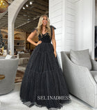 Straps A-Line Black Swiss Dot Tulle Prom Dress with Bow Tie lpk803|Selinadress