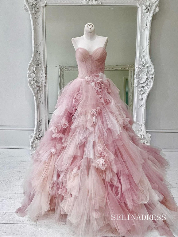 Sweetheart 3D Applique Pink Ball Gown Wedding Dress Bridal Gowns lps011|Selinadress