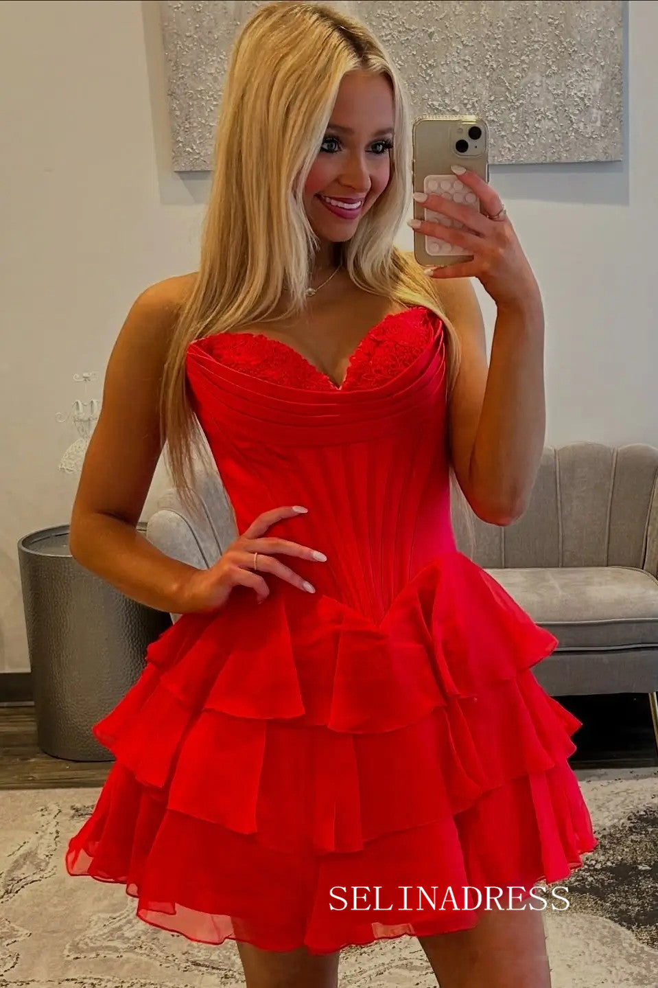 Sweetheart Tiered Ruffle Homecoming Dress with Lace Corset Bodice #SEA250|Selinadress