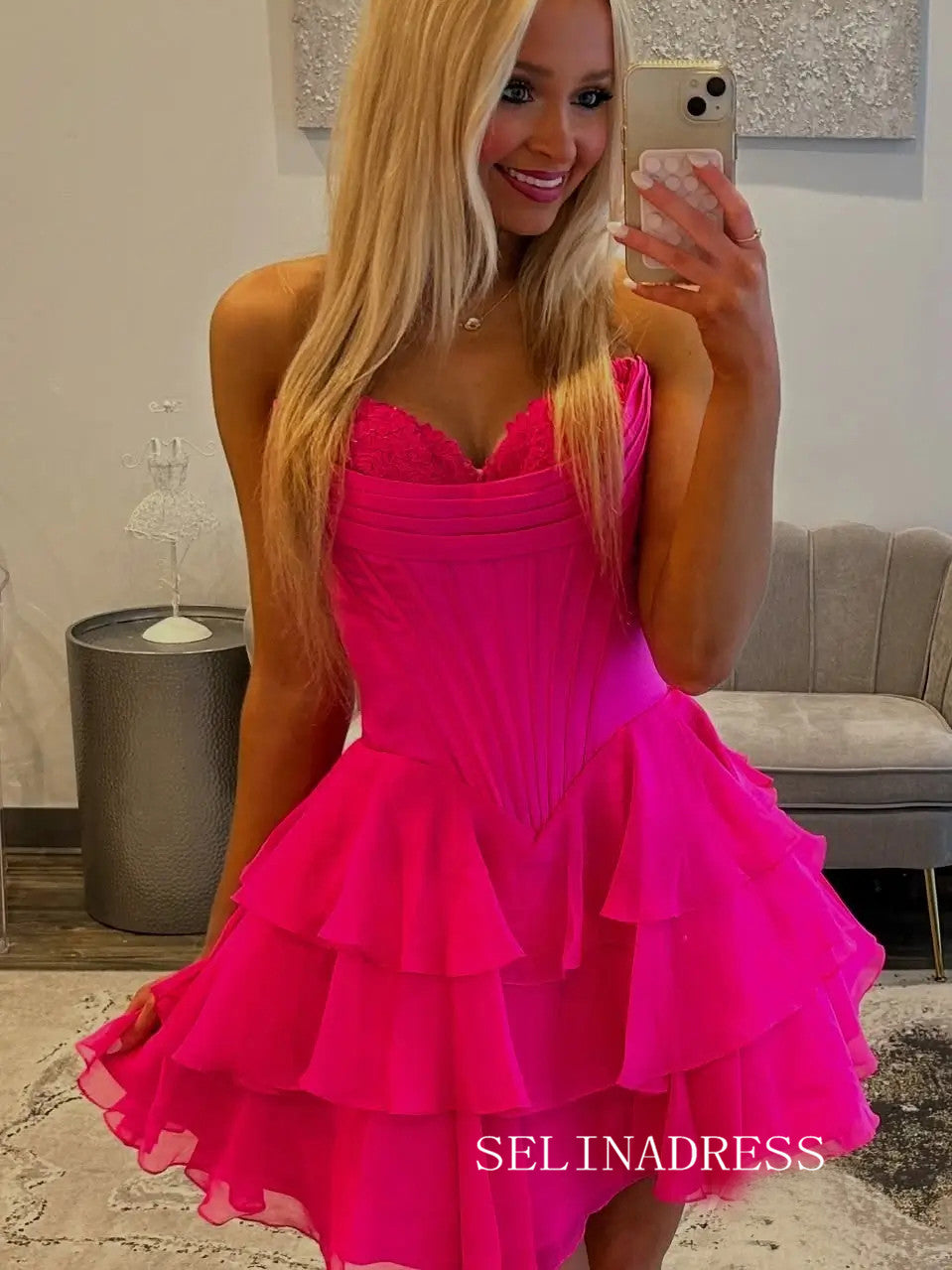 Sweetheart Tiered Ruffle Homecoming Dress with Lace Corset Bodice #SEA250|Selinadress