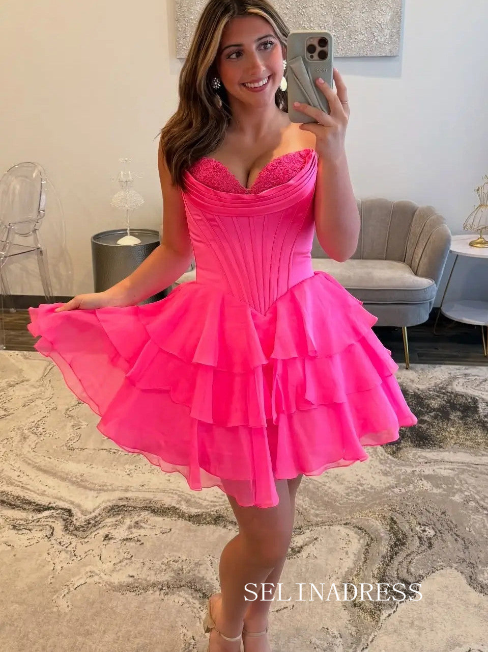 Sweetheart Tiered Ruffle Homecoming Dress with Lace Corset Bodice #SEA250|Selinadress