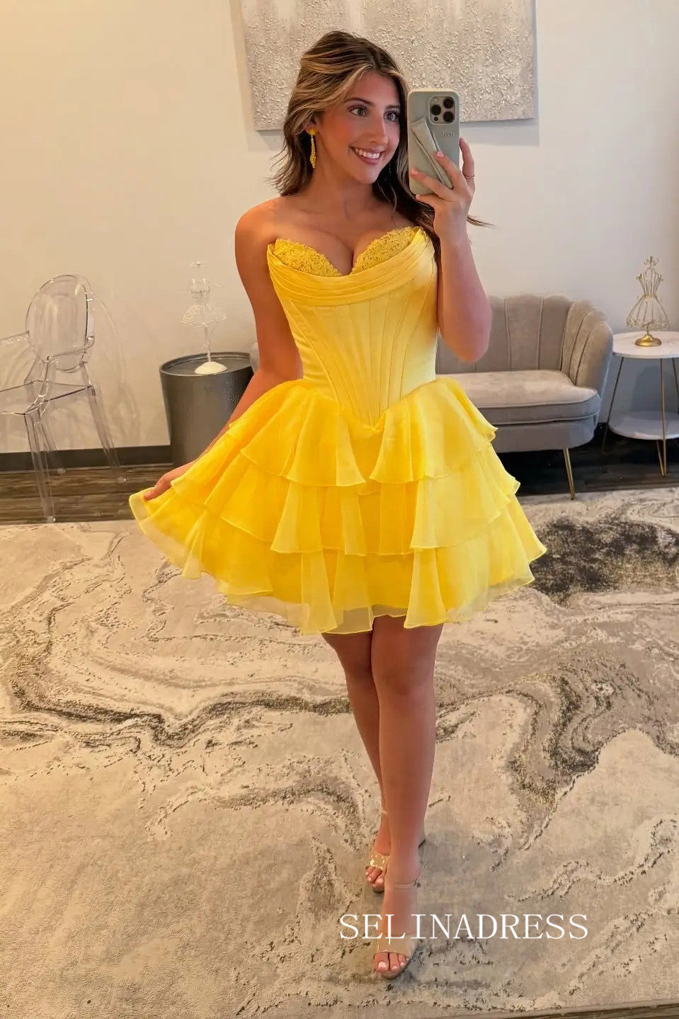 Sweetheart Tiered Ruffle Homecoming Dress with Lace Corset Bodice #SEA250|Selinadress