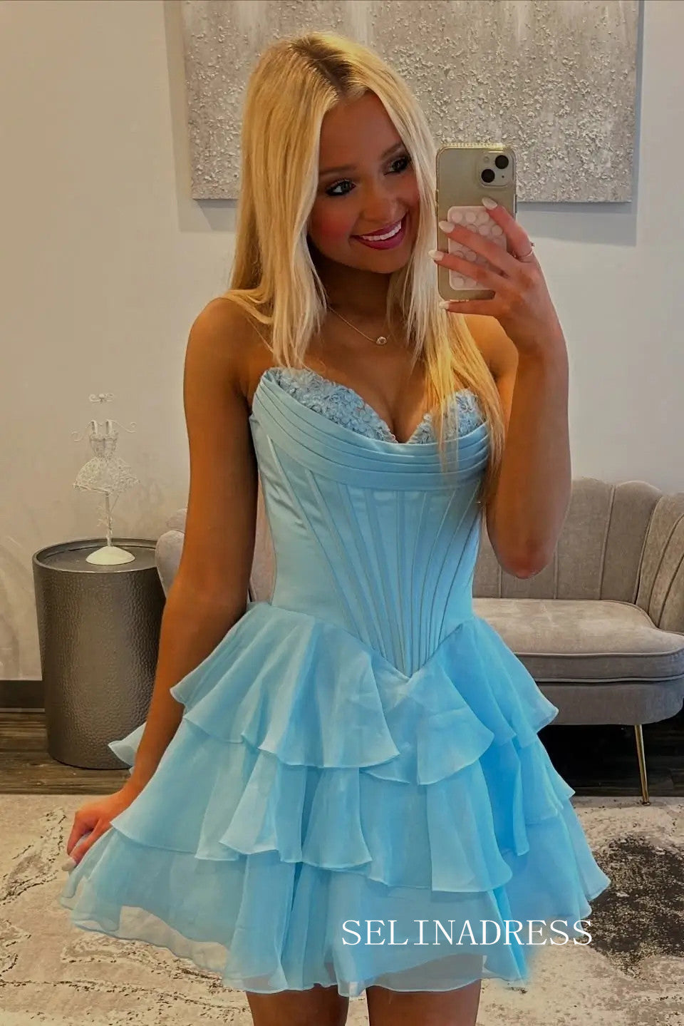 Sweetheart Tiered Ruffle Homecoming Dress with Lace Corset Bodice #SEA250|Selinadress