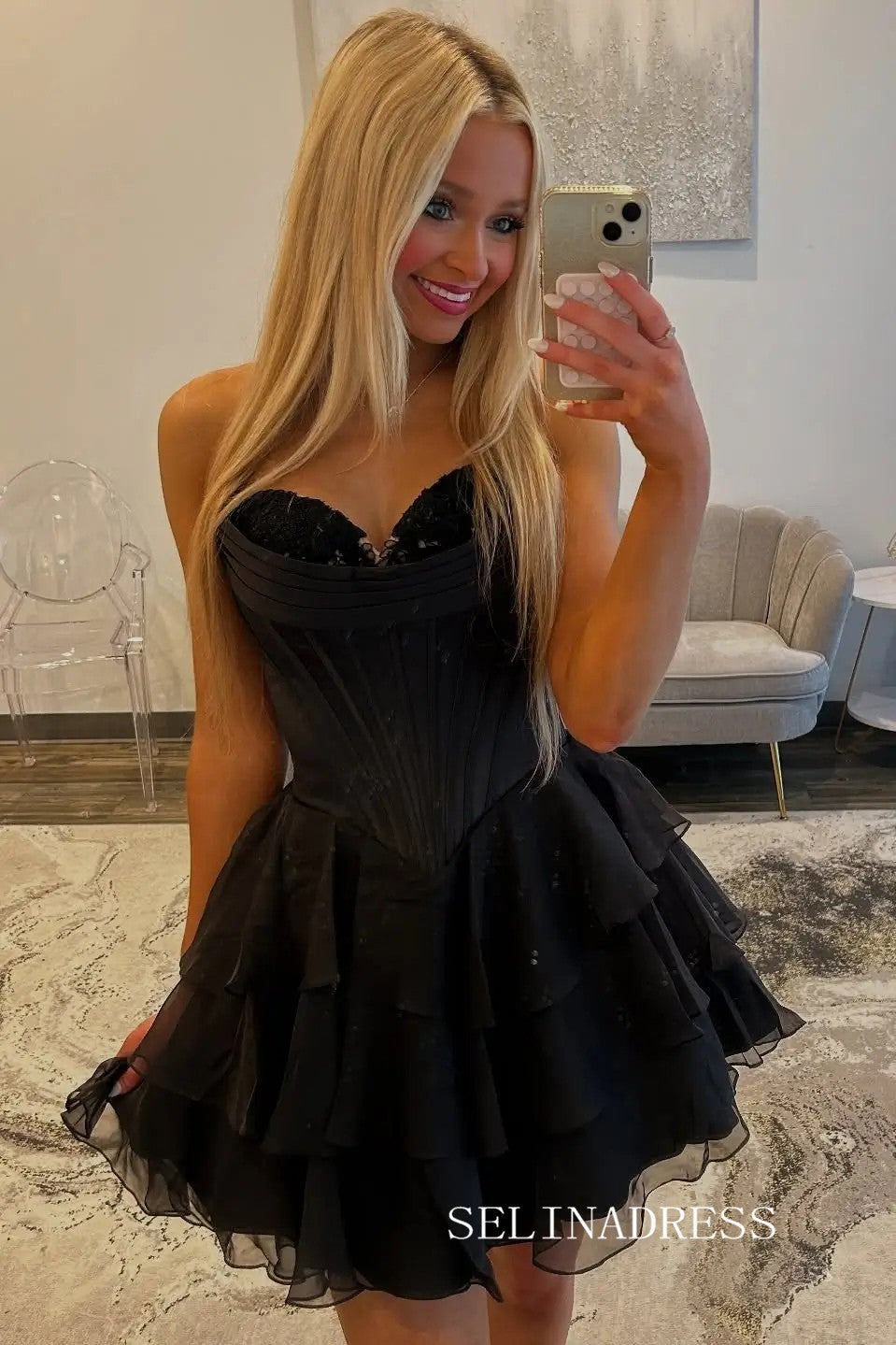 Sweetheart Tiered Ruffle Homecoming Dress with Lace Corset Bodice #SEA250|Selinadress