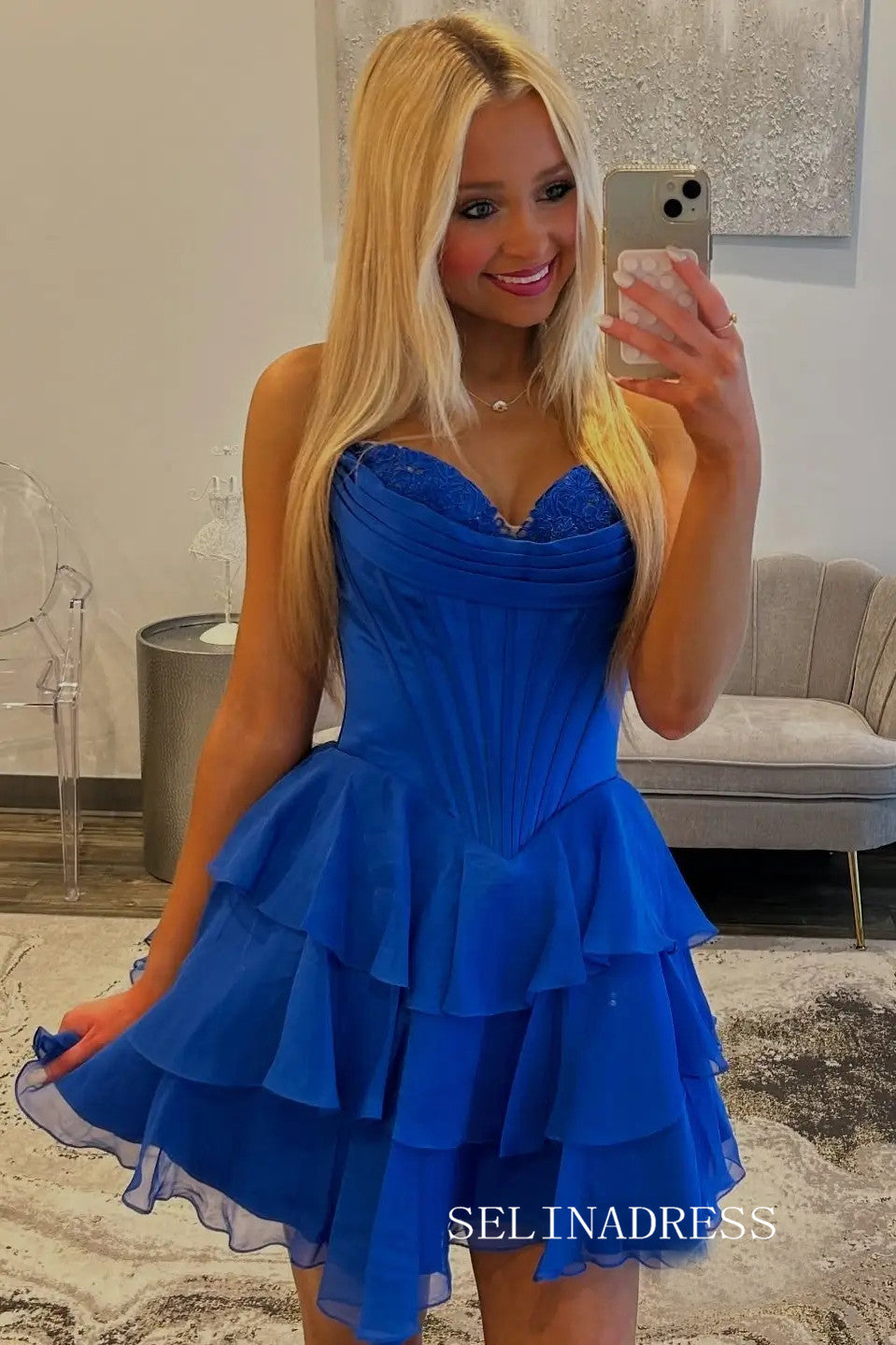 Sweetheart Tiered Ruffle Homecoming Dress with Lace Corset Bodice #SEA250|Selinadress