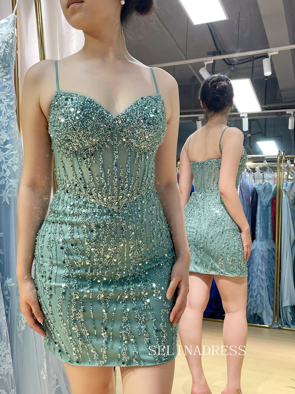 beaded-teal-sequin-homecoming-dress-short-prom-dress-tfb-5013|Selinadress