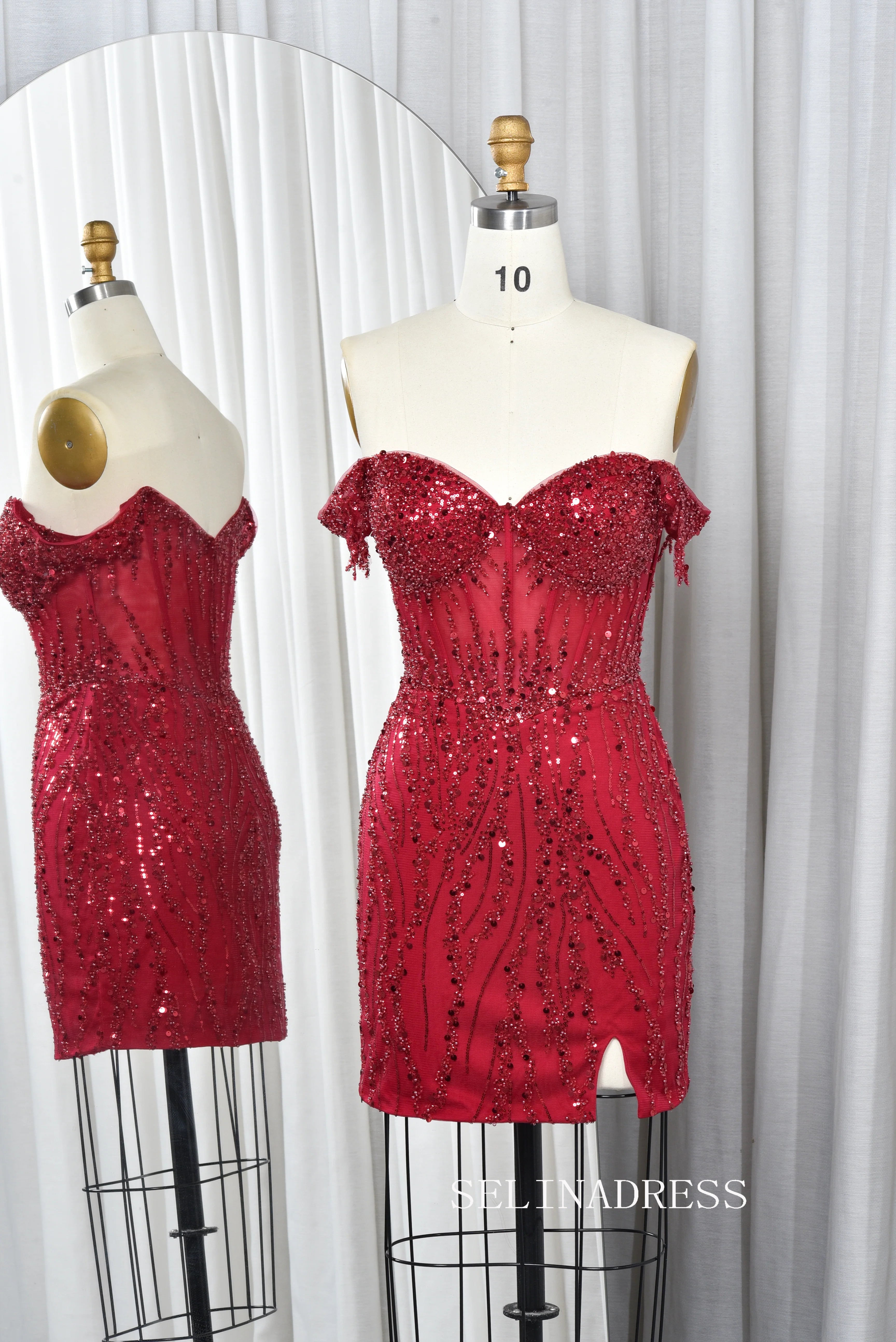Off-the-Shoulder Beaded Corset Sequin Mini Dress with Slit TFB 5015|Selinadress
