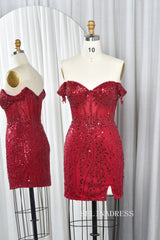 Off-the-Shoulder Beaded Corset Sequin Mini Dress with Slit TFB 5015|Selinadress