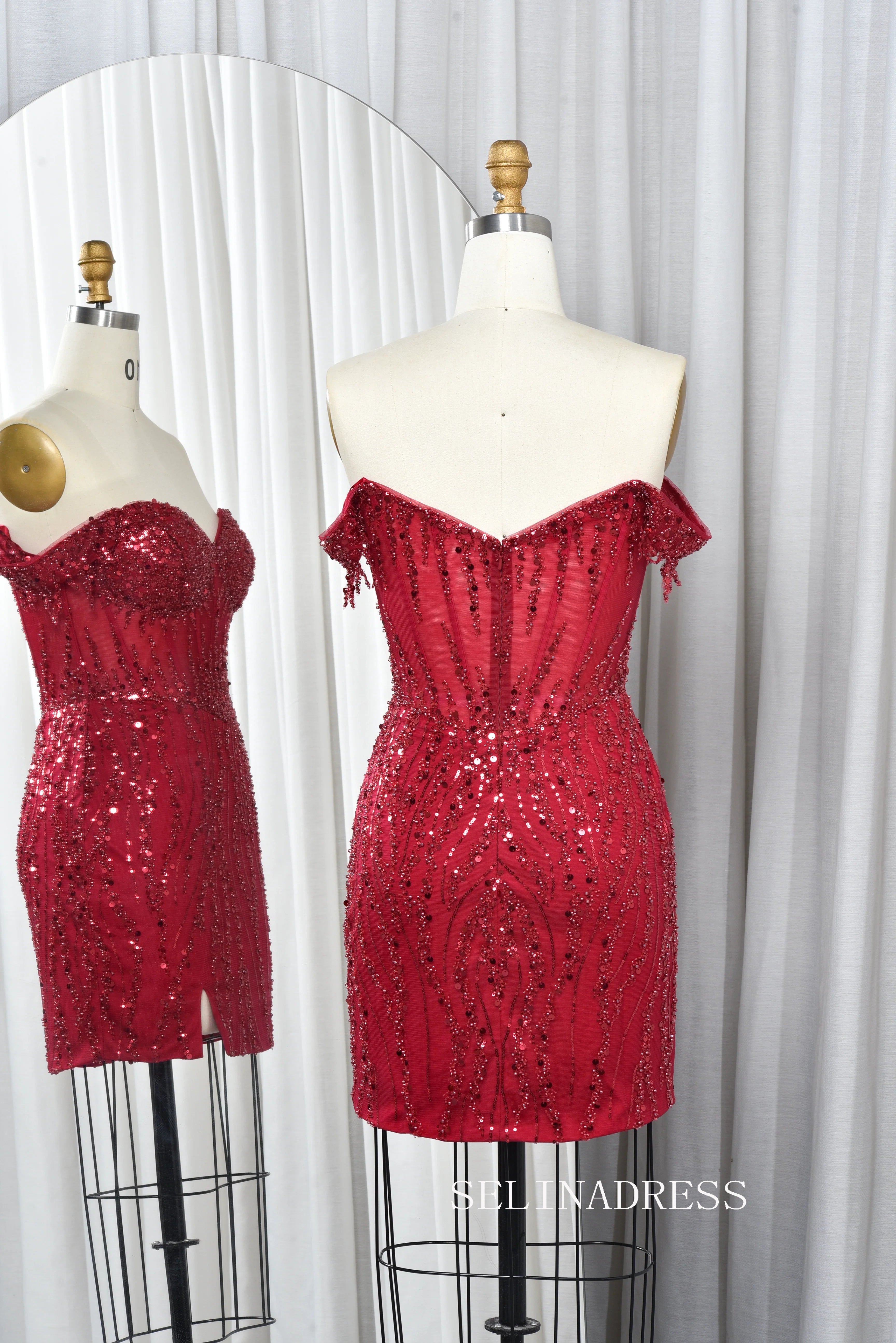Off-the-Shoulder Beaded Corset Sequin Mini Dress with Slit TFB 5015|Selinadress