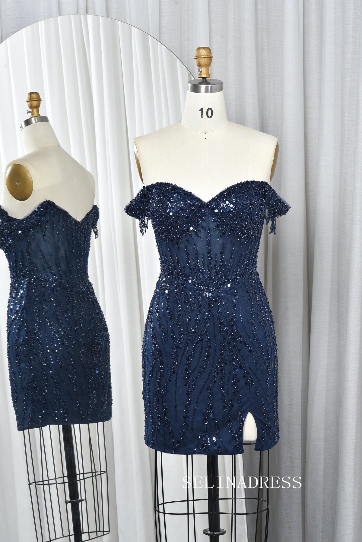 Off-the-Shoulder Beaded Corset Sequin Mini Dress with Slit TFB 5015|Selinadress
