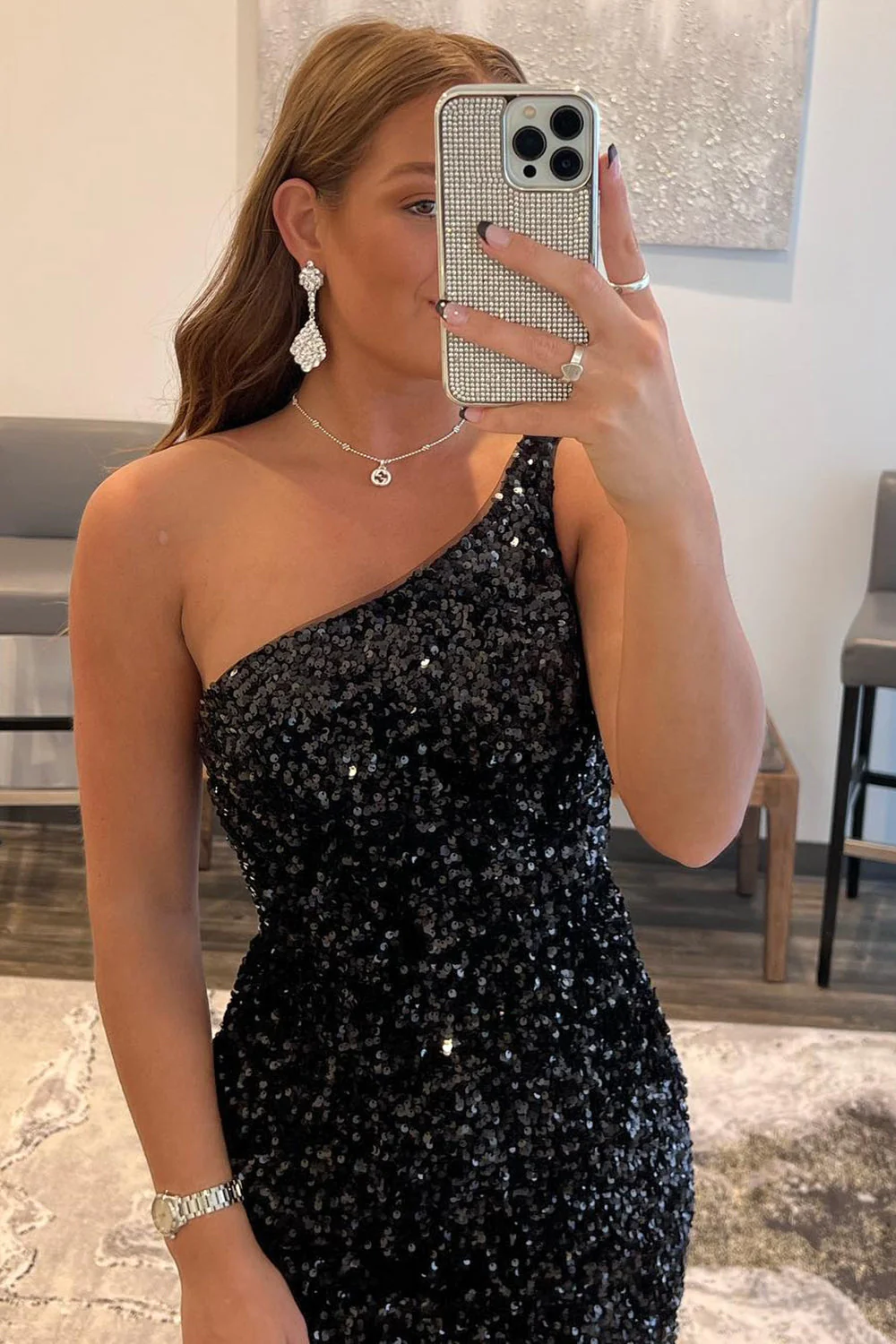 tight black one shoulder homecoming dress Tight Black Sequins One Shoulder Homecoming Dress