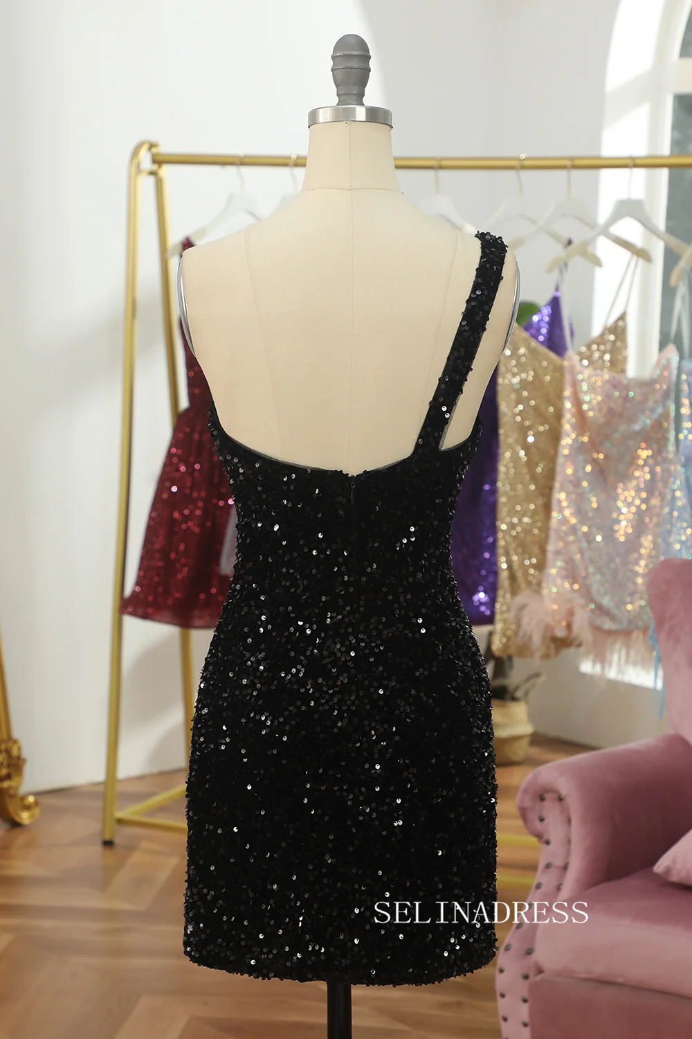 One Shoulder Tight Black Sequins Homecoming Dresses Cocktail Dresses # SELINADRESS One Shoulder Tight Black Sequins Homecoming Dresses Cocktail Dresses # SELINADRESS