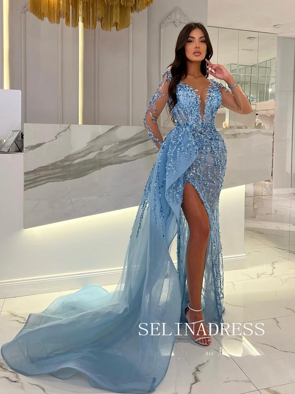 Mermaid Deep V neck Long Sleeve Full Beaded Evening Dresses Sky Blue Evening Gown TKH006|Selinadress