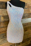 Glittery Blue Sequins Homecoming Dresses One Shoulder Mini Cocktail Dresses #TKL012