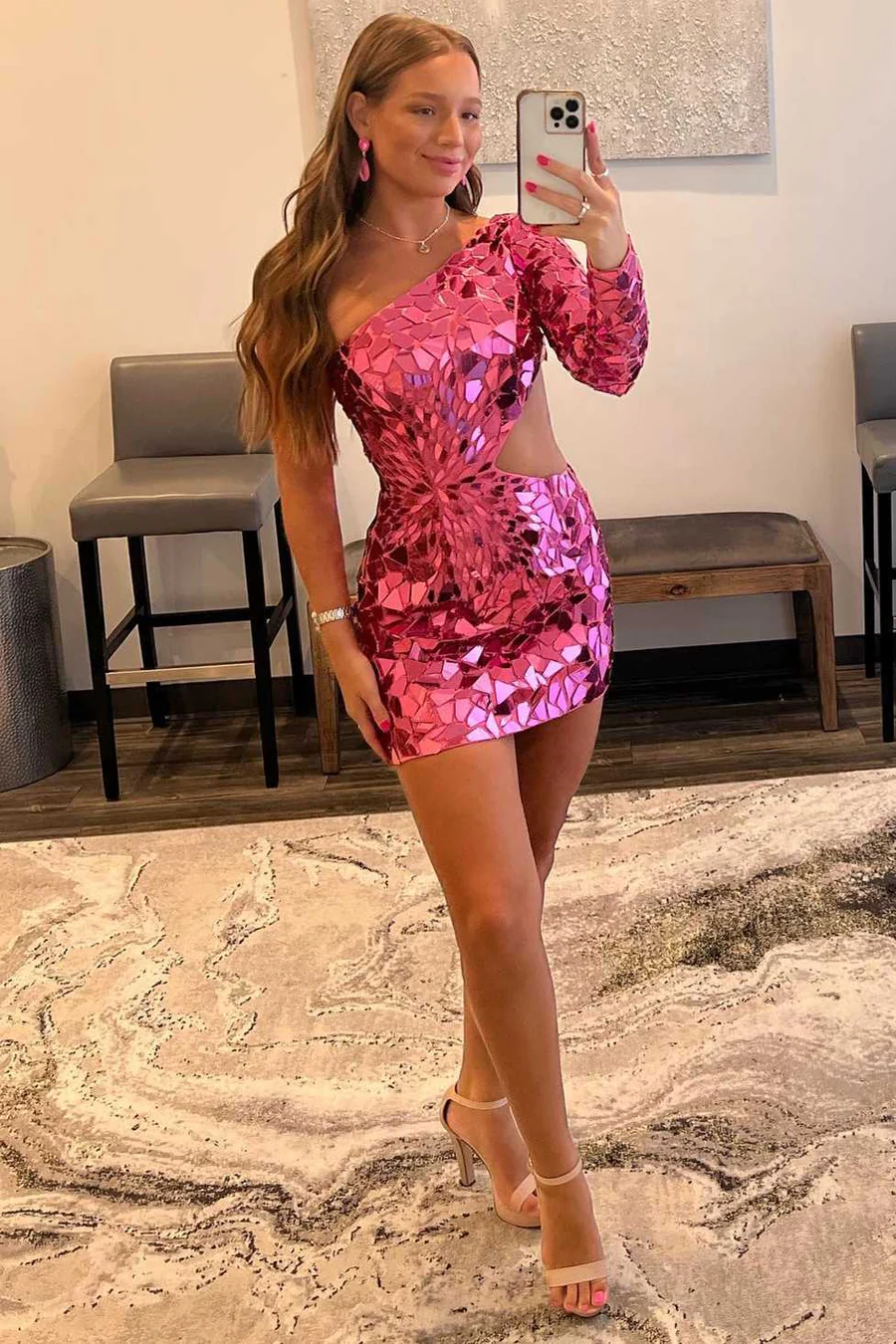 One Shoulder Long Sleeve Sparkly Burgundy Short Prom Dress Homecoming SELINADRESS One Shoulder Long Sleeve Sparkly Burgundy Short Prom Dress Homecoming SELINADRESS