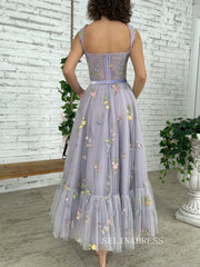 A-line Tea Length Dresses Violet Blooms Terrace Dress TUN002|Selinadress
