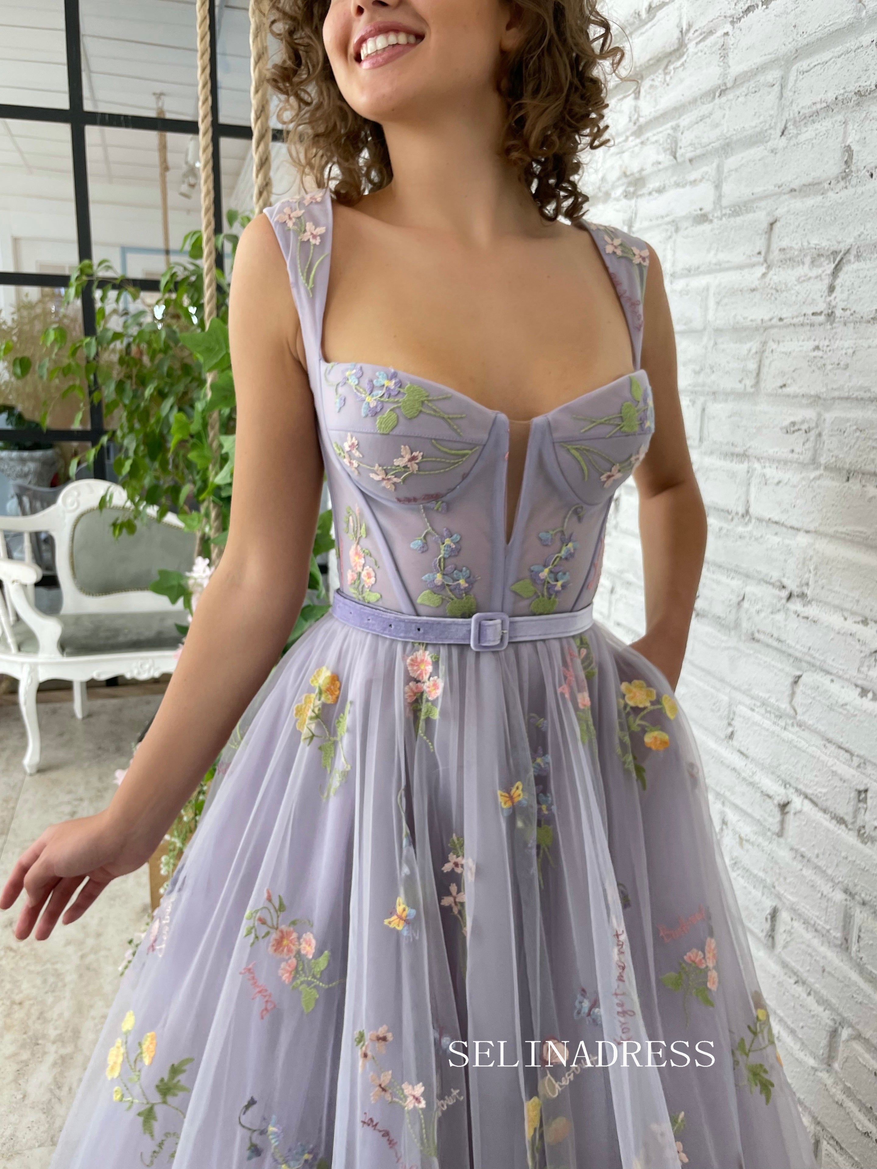 A-line Tea Length Dresses Violet Blooms Terrace Dress TUN002|Selinadress